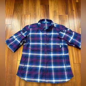 Stio Women's Buckhorn Purple and Blue Insulated Plaid Button-Down Shirt